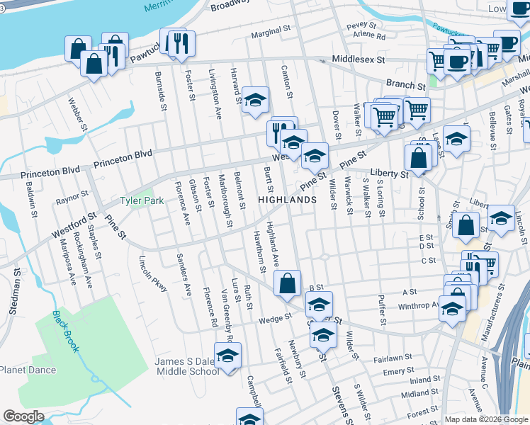 map of restaurants, bars, coffee shops, grocery stores, and more near 206 Pine Street in Lowell