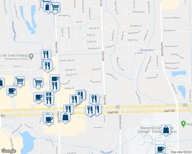 map of restaurants, bars, coffee shops, grocery stores, and more near 45599 Berkshire Drive in Macomb