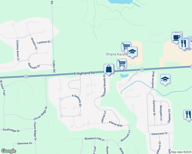 map of restaurants, bars, coffee shops, grocery stores, and more near 9402 East Highland Road in Howell