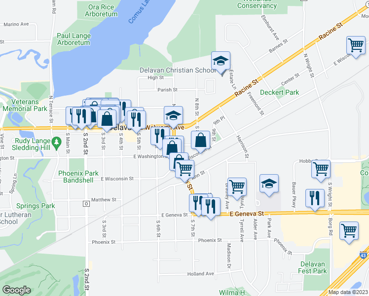 map of restaurants, bars, coffee shops, grocery stores, and more near 712 Grove Street in Delavan