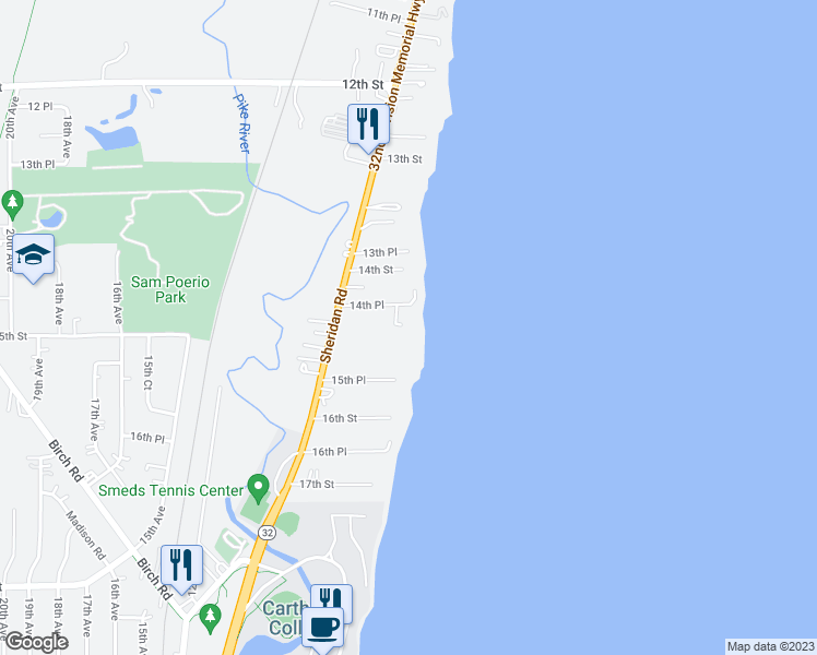 map of restaurants, bars, coffee shops, grocery stores, and more near 1469 Sheridan Road in Kenosha