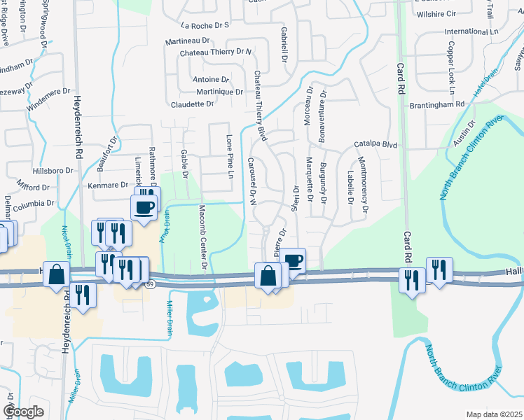 map of restaurants, bars, coffee shops, grocery stores, and more near 21300 Chalet Drive in Macomb