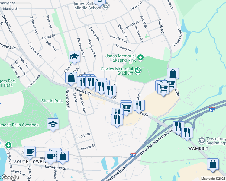 map of restaurants, bars, coffee shops, grocery stores, and more near 539 Douglas Road in Lowell