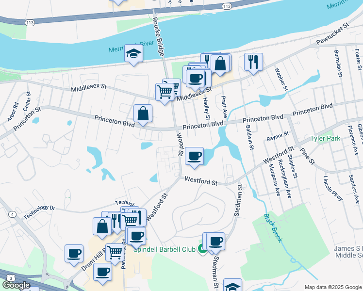 map of restaurants, bars, coffee shops, grocery stores, and more near 413 Black Brook Drive in Lowell