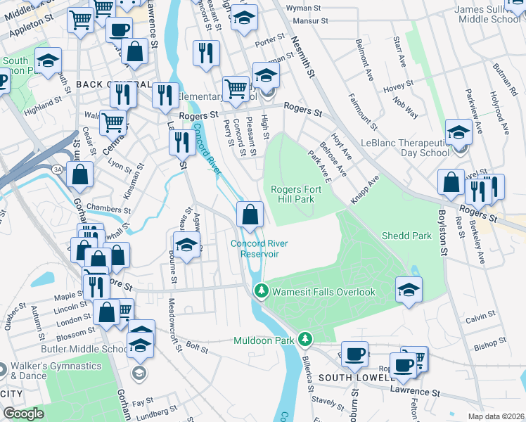 map of restaurants, bars, coffee shops, grocery stores, and more near 110 Park Avenue West in Lowell