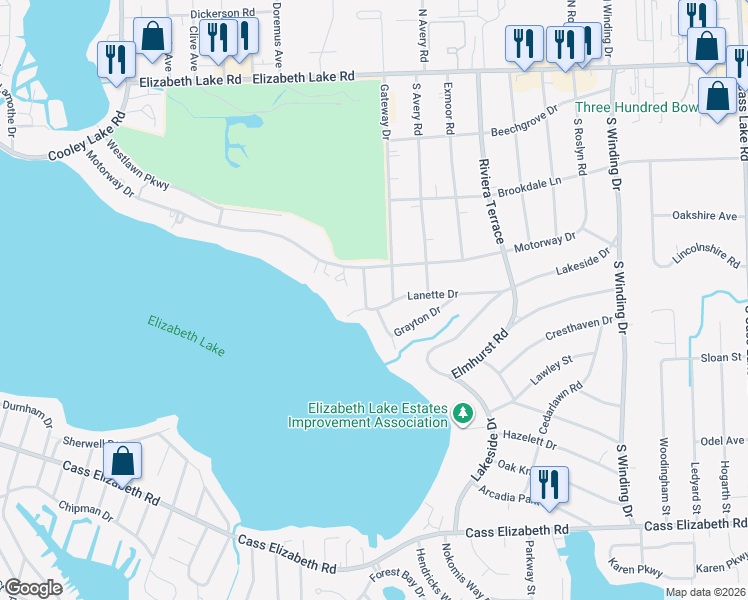 map of restaurants, bars, coffee shops, grocery stores, and more near 4344 Lanette Drive in Waterford Township