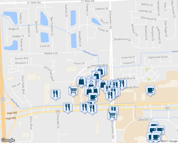 map of restaurants, bars, coffee shops, grocery stores, and more near 12200 Noonan Court in Utica