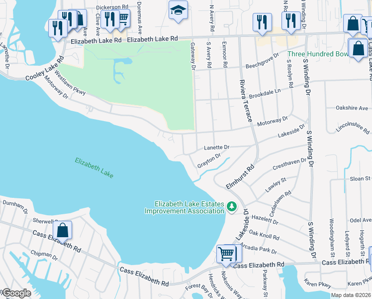 map of restaurants, bars, coffee shops, grocery stores, and more near 4344 Lanette Drive in Waterford Township