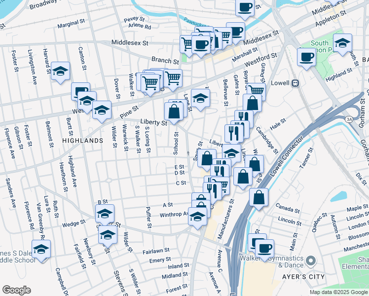 map of restaurants, bars, coffee shops, grocery stores, and more near 698 School Street in Lowell