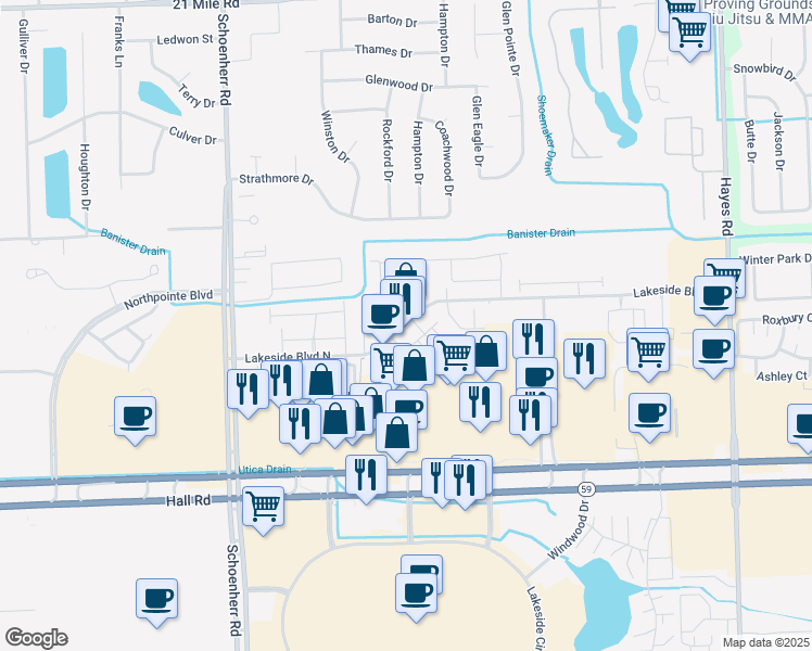 map of restaurants, bars, coffee shops, grocery stores, and more near 13957 Hall Road in Macomb County