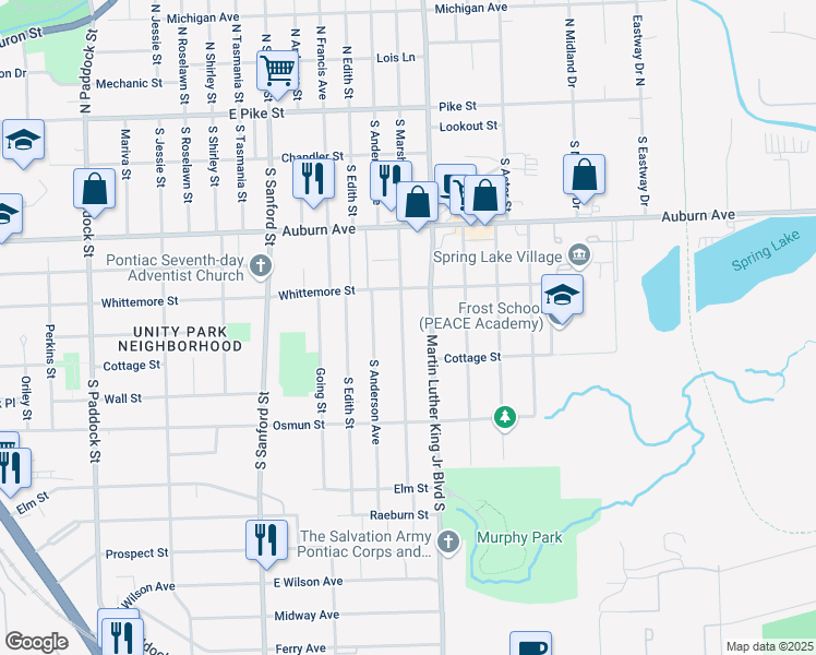 map of restaurants, bars, coffee shops, grocery stores, and more near 239 South Marshall Street in Pontiac