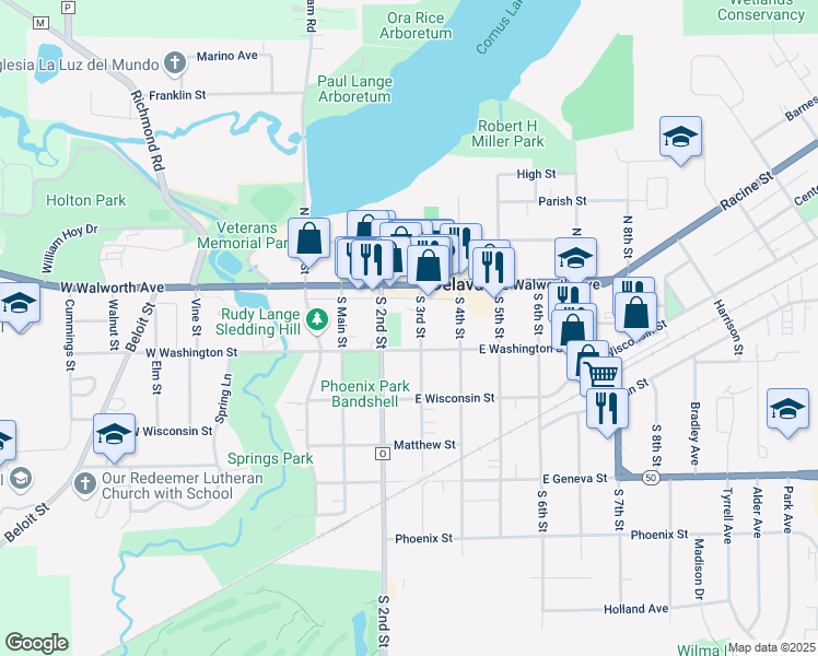 map of restaurants, bars, coffee shops, grocery stores, and more near 130 South 3rd Street in Delavan