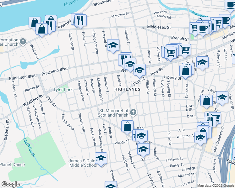 map of restaurants, bars, coffee shops, grocery stores, and more near 206 Pine Street in Lowell