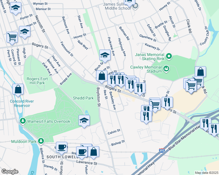 map of restaurants, bars, coffee shops, grocery stores, and more near 561 Rogers Street in Lowell