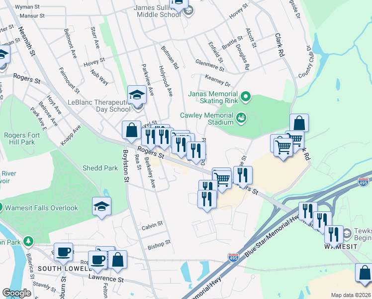 map of restaurants, bars, coffee shops, grocery stores, and more near 39 Whitehead Avenue in Lowell