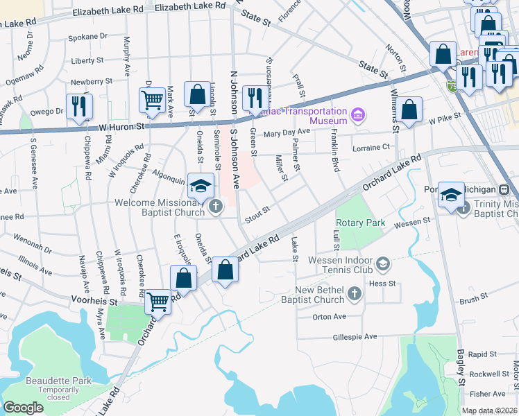 map of restaurants, bars, coffee shops, grocery stores, and more near 81 Stout Street in Pontiac