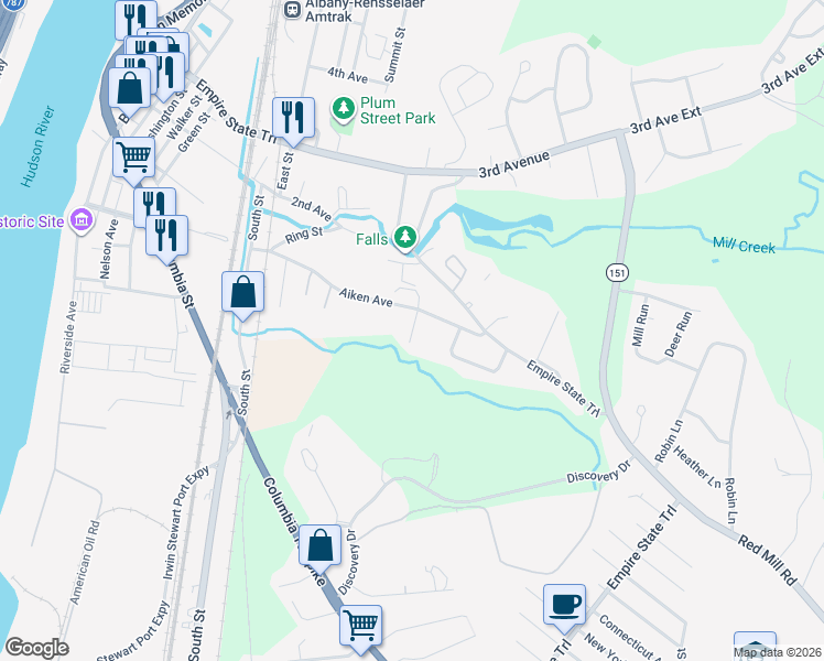 map of restaurants, bars, coffee shops, grocery stores, and more near 10 Moch Terrace in Rensselaer