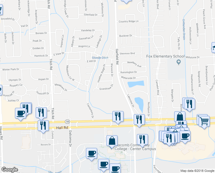 map of restaurants, bars, coffee shops, grocery stores, and more near 16325 Grandview Drive in Macomb