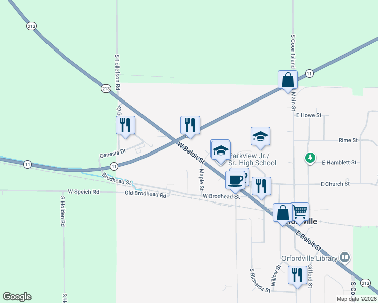 map of restaurants, bars, coffee shops, grocery stores, and more near 698 Highway 213 Trunk in Orfordville