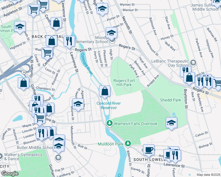 map of restaurants, bars, coffee shops, grocery stores, and more near 110 Park Avenue West in Lowell