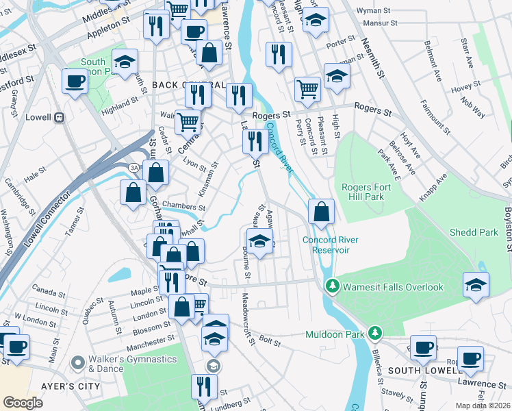 map of restaurants, bars, coffee shops, grocery stores, and more near 27 Andrews Street in Lowell