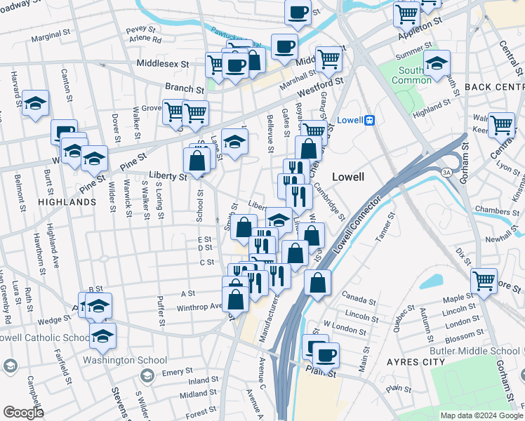 map of restaurants, bars, coffee shops, grocery stores, and more near 23 Arthur Street in Lowell