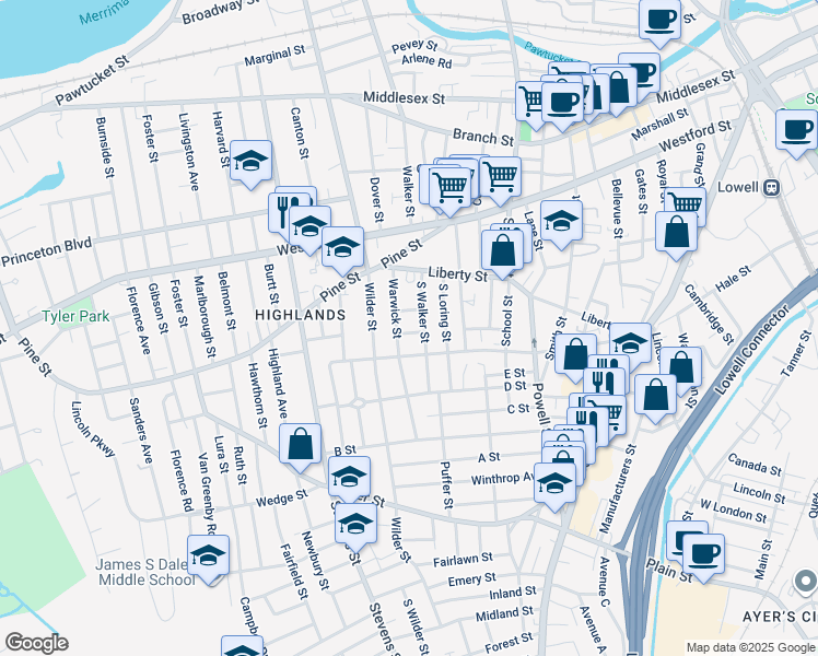 map of restaurants, bars, coffee shops, grocery stores, and more near 78 Warwick Street in Lowell