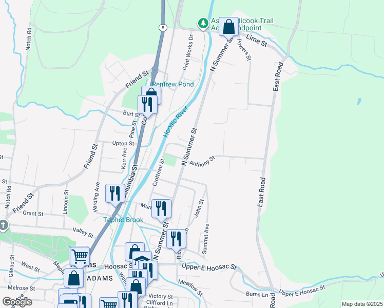 map of restaurants, bars, coffee shops, grocery stores, and more near 85 North Summer Street in Adams