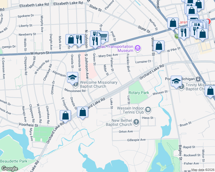 map of restaurants, bars, coffee shops, grocery stores, and more near 177 Green Street in Pontiac