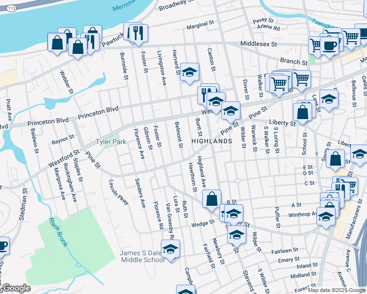map of restaurants, bars, coffee shops, grocery stores, and more near 20 Belmont Street in Lowell