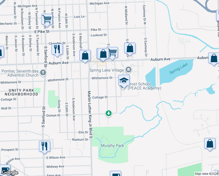 map of restaurants, bars, coffee shops, grocery stores, and more near 242 Russell Street in Pontiac