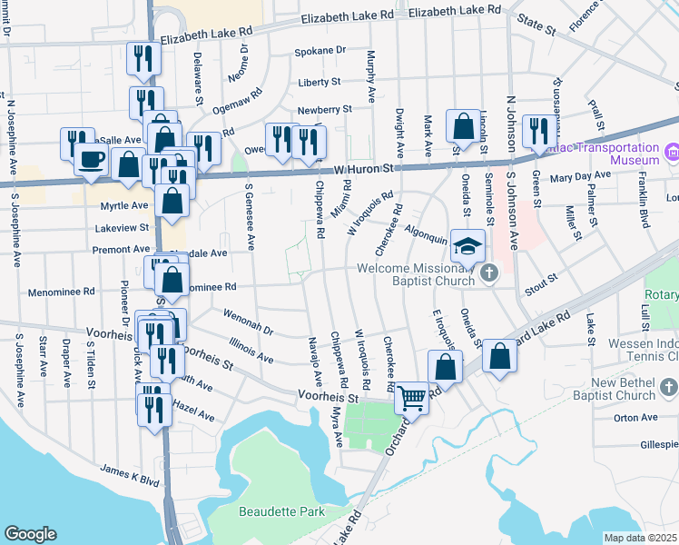 map of restaurants, bars, coffee shops, grocery stores, and more near 141 Chippewa Road in Pontiac