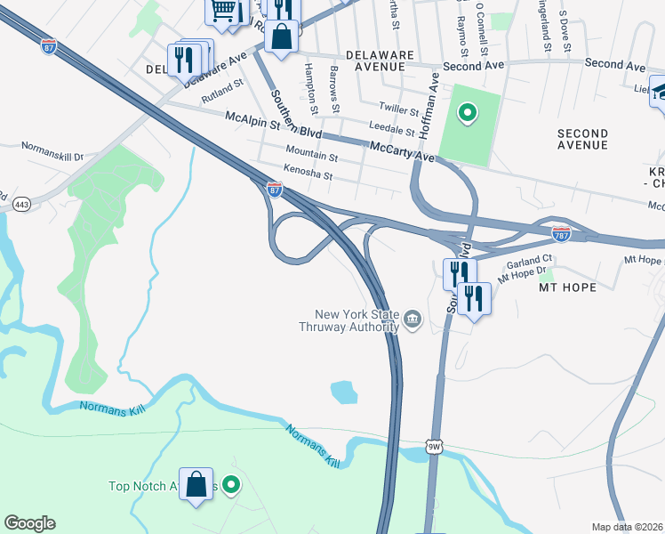 map of restaurants, bars, coffee shops, grocery stores, and more near 3 Noonan Lane in Albany