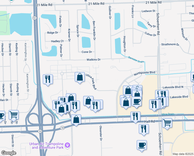 map of restaurants, bars, coffee shops, grocery stores, and more near 45552 Hidden View Court in Utica