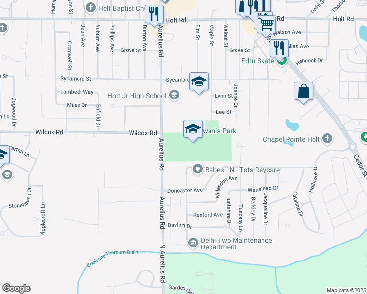 map of restaurants, bars, coffee shops, grocery stores, and more near 1784 North Aurelius Road in Holt