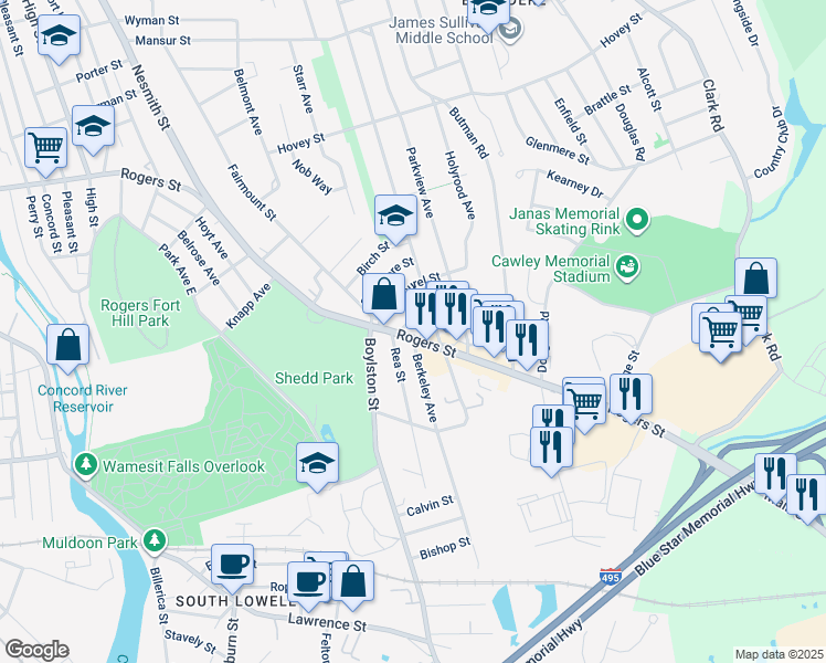 map of restaurants, bars, coffee shops, grocery stores, and more near 561 Rogers Street in Lowell