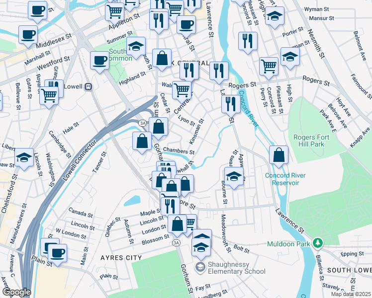 map of restaurants, bars, coffee shops, grocery stores, and more near 28 Livingston Street in Lowell