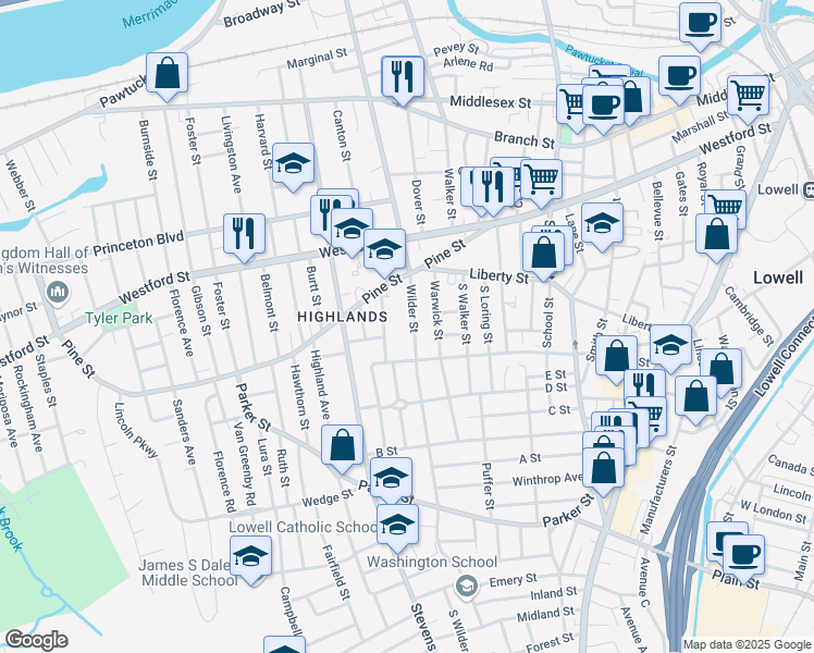 map of restaurants, bars, coffee shops, grocery stores, and more near 509 Wilder Street in Lowell