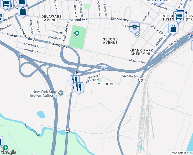 map of restaurants, bars, coffee shops, grocery stores, and more near 693 South Pearl Street in Albany