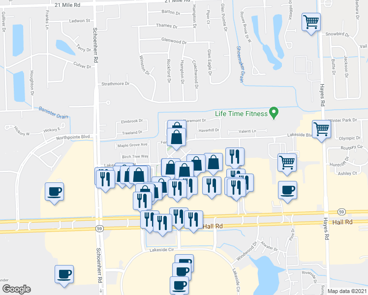 map of restaurants, bars, coffee shops, grocery stores, and more near 13957 Hall Road in Macomb County