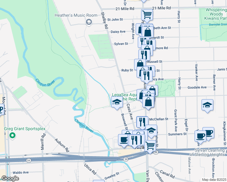 map of restaurants, bars, coffee shops, grocery stores, and more near 45821 Brownell Street in Utica