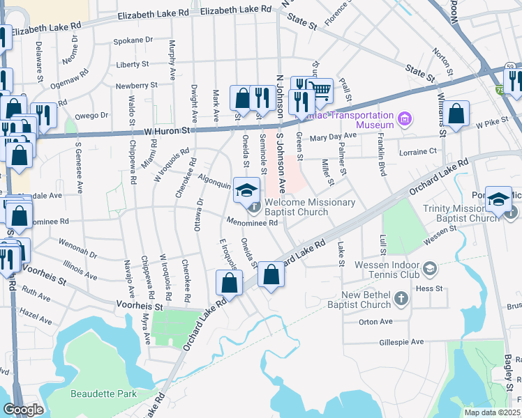 map of restaurants, bars, coffee shops, grocery stores, and more near 491 Menominee Road in Pontiac