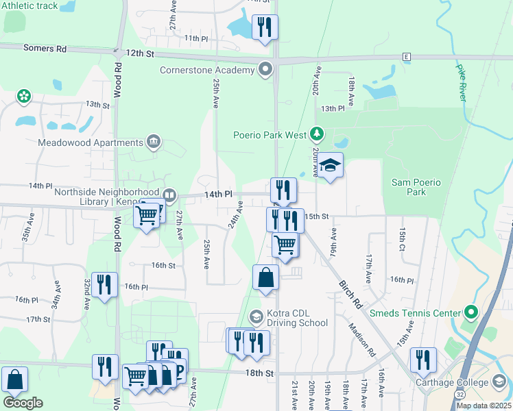 map of restaurants, bars, coffee shops, grocery stores, and more near 1525 24th Avenue in Kenosha