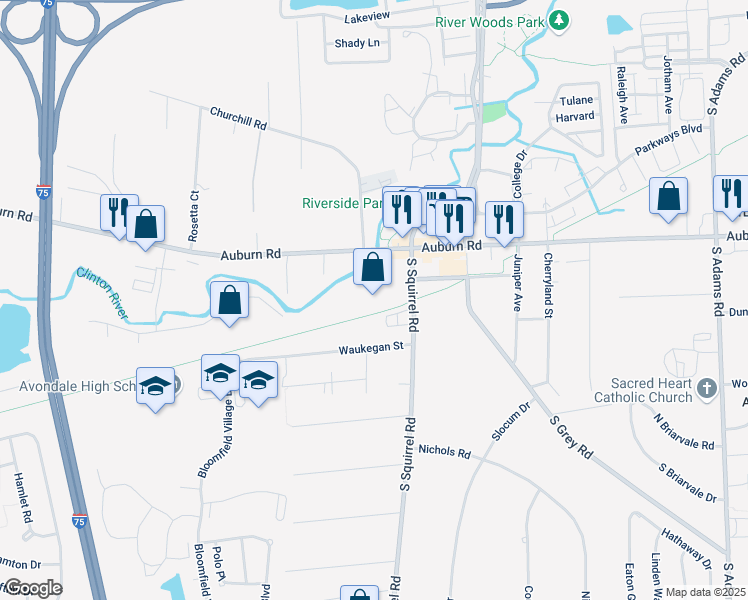 map of restaurants, bars, coffee shops, grocery stores, and more near 70 South Squirrel Road in Auburn Hills