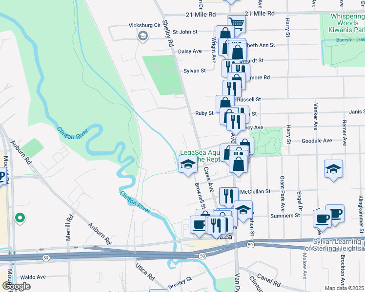 map of restaurants, bars, coffee shops, grocery stores, and more near 45821 Brownell Street in Utica