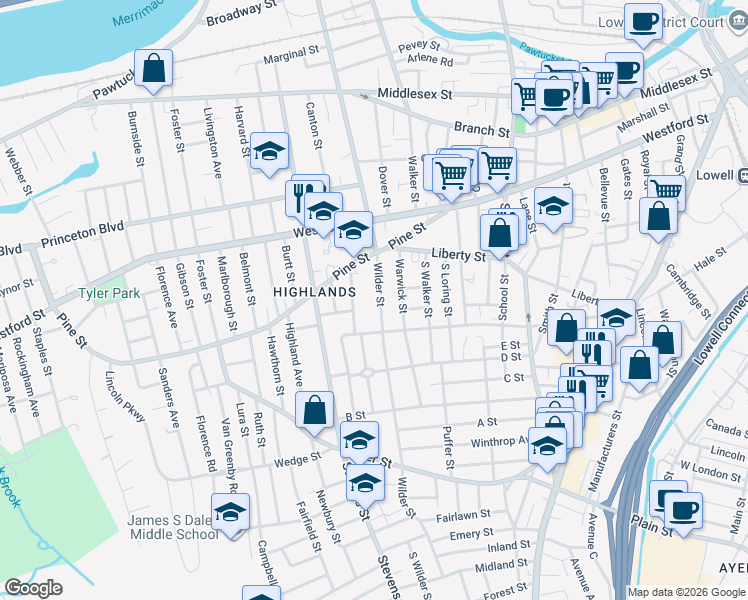 map of restaurants, bars, coffee shops, grocery stores, and more near 509 Wilder Street in Lowell