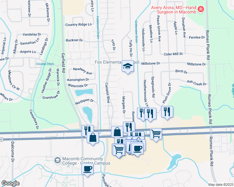 map of restaurants, bars, coffee shops, grocery stores, and more near 17163 Northall Street in Macomb