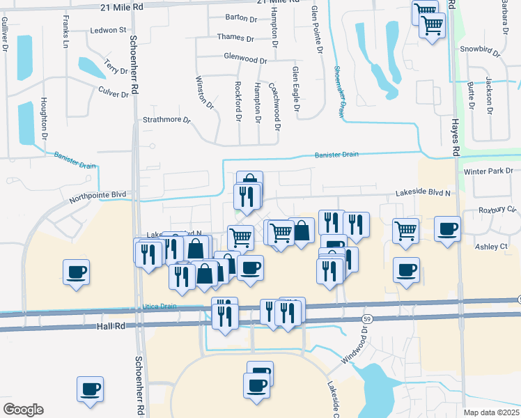map of restaurants, bars, coffee shops, grocery stores, and more near 14208 Lakeside Boulevard North in Shelby Charter Township