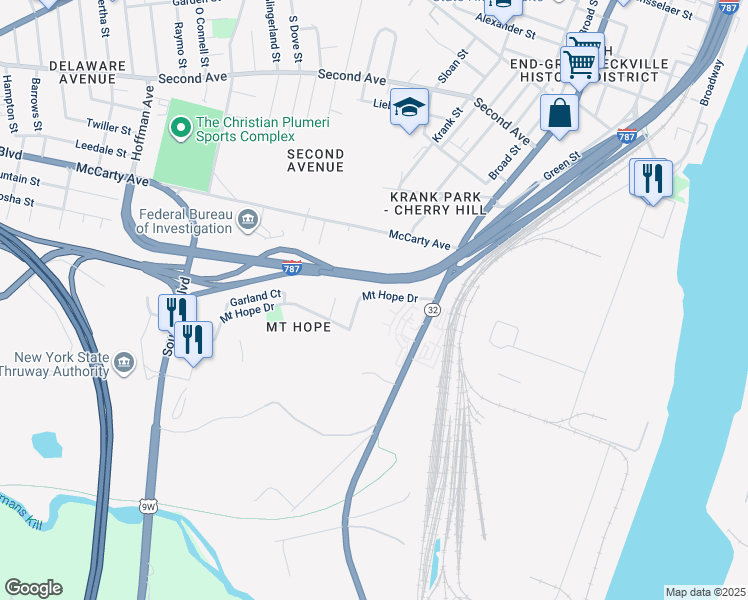 map of restaurants, bars, coffee shops, grocery stores, and more near 116 Mount Hope Drive in Albany