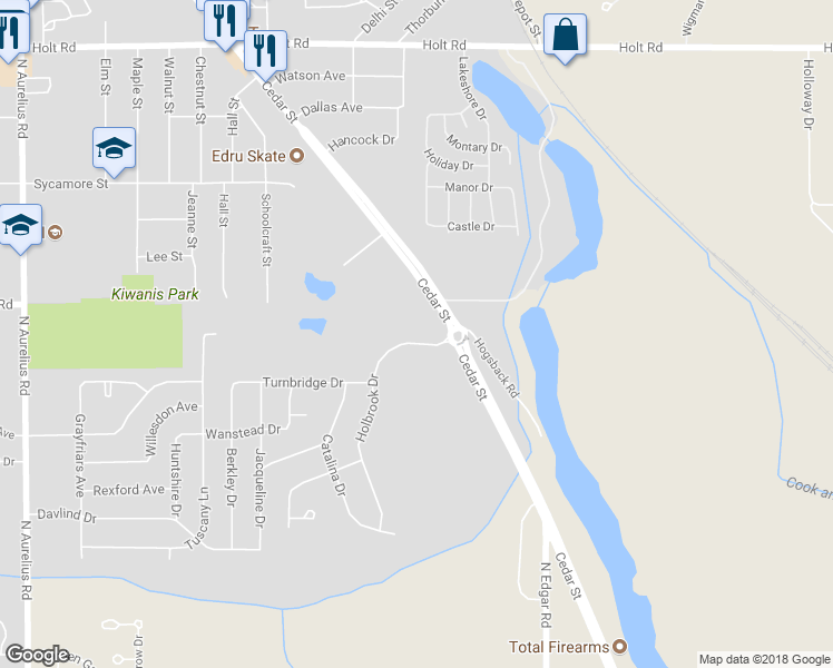map of restaurants, bars, coffee shops, grocery stores, and more near 1705 Cedar Street in Delhi charter Township